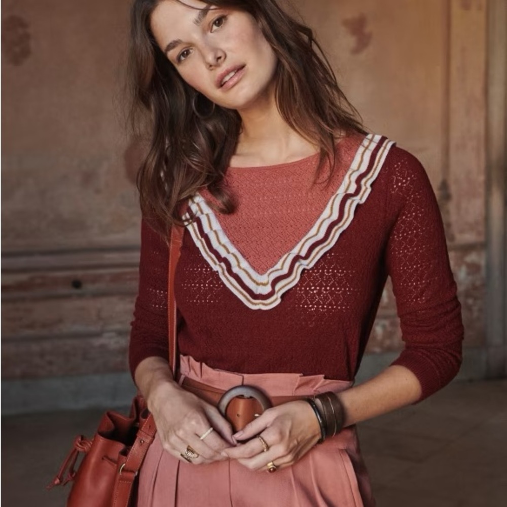 SEZANE Mael Ruffle Merino Wool Longsleeve M